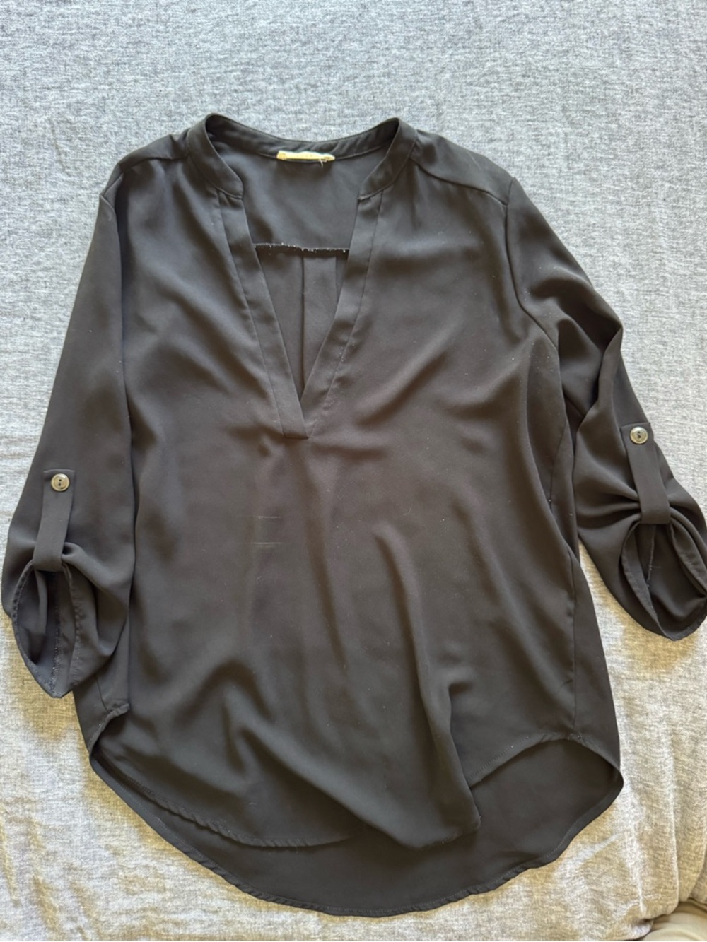 Lush Black Split-Neck Roll-Tab Blouse